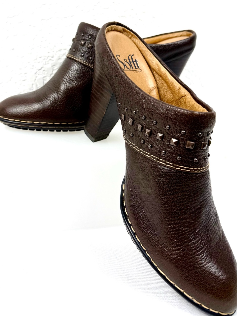 Brown Leather Studded Mule Heels